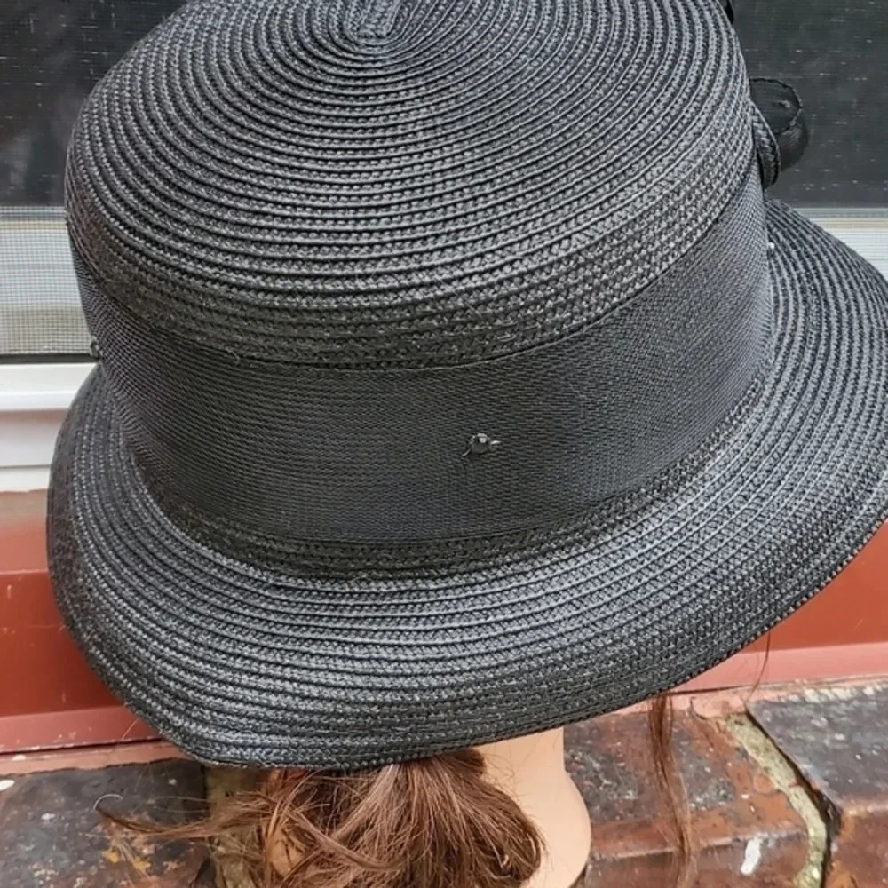 Black Floral Derby Hat Wide Brim Church Tea Party Wedding Fascinator Vintage Sty